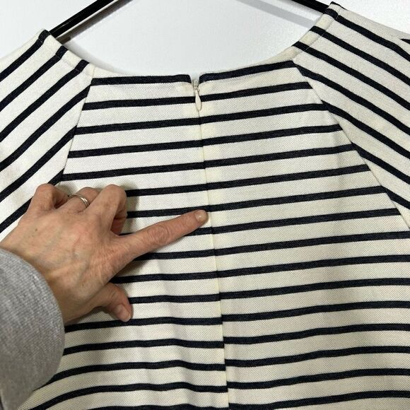 Ann Taylor Off White Navy Blue Stripe Dress Bell Sleeves Gold Buttons - Picture 10 of 12